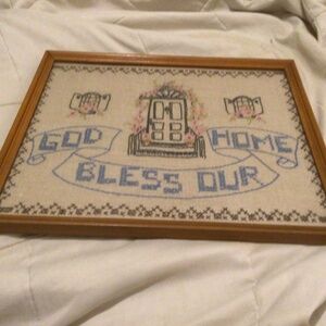 Vintage Finished Cross Stitch Framed Sampler God Bless Our Home